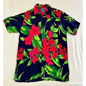 Cabali Mens Large Floral Hibiscus Tropical Button Down Shirt Navy Pink Green‎